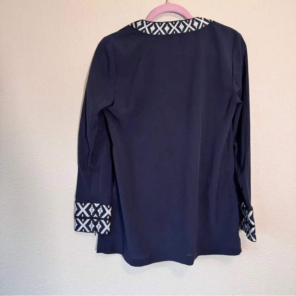 Tory Burch Blue Pullover Tunic Blouse Womens 4 Boho Embroidered Top Beachy